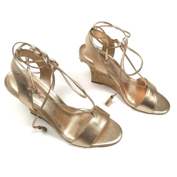 Lilly Pulitzer Aria Cork Wedge Heel Gold Leather Pump Sandal Lace Up Dress Shoes - Picture 10 of 12